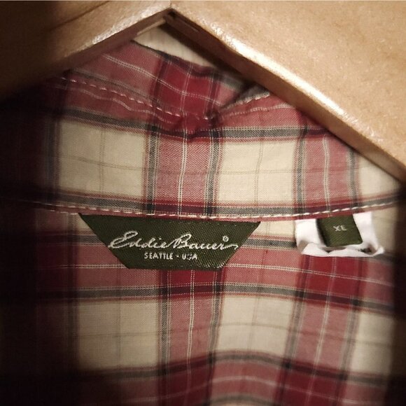 Eddie Bauer Womens Red Cream Plaid Ruffle Detail Button Front Shirt XL - Picture 4 of 6